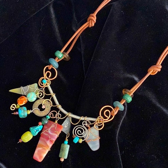 Artisan design sea glass copper wire flatstone turquoise spiral wrapped necklace - Picture 1 of 8